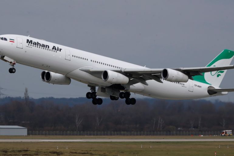 An Airbus A340-300 of Iranian airline Mahan Air takes off from Duesseldorf airport