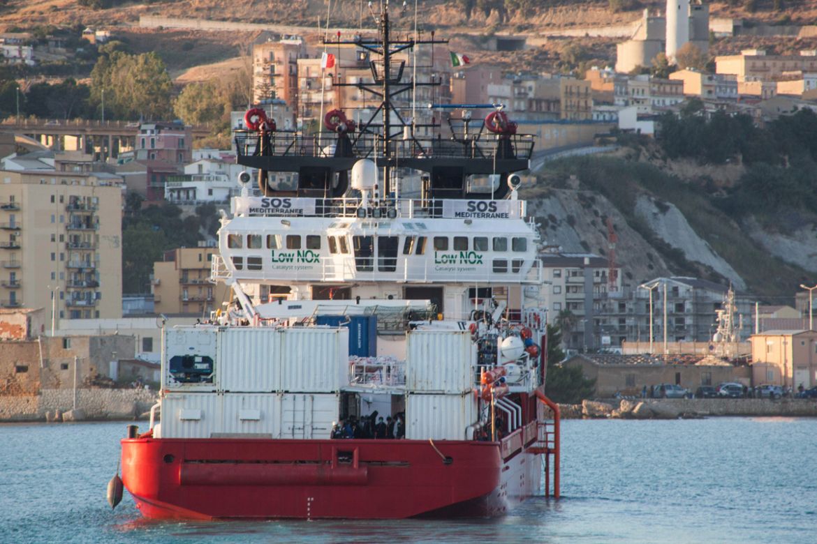 The Ocean Viking rescue ship is moored at Porto Empedocle harbor, southern Italy, Monday, July 6, 2020. The humanitarian group SOS Mediterranee rescue ship with 180 migrants stranded aboard for days f