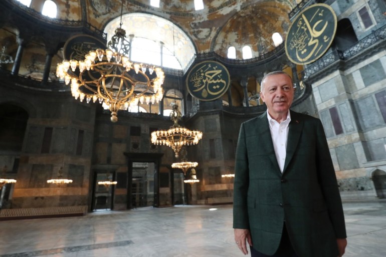 This handout picture released by the Turkish Presidential press office shows Turkish President Tayyip Erdogan visiting Hagia Sophia monument in Istanbul, on July 19, 2020. Turkey''s Hagia Sophia will o