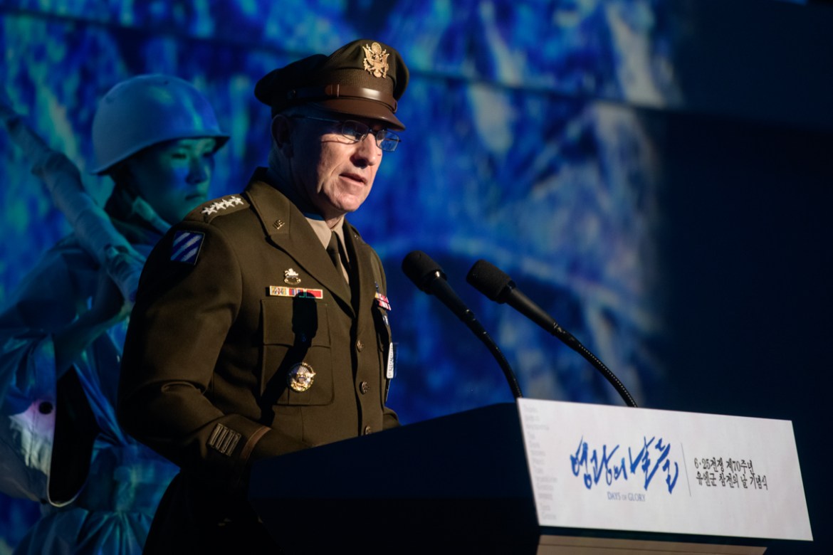 US General Robert Abrams delivers a speech during a UN Forces Participation Day event marking the anniversary of the signing of the Korean War armistice agreement, in Seoul on July 27, 2020. - North a