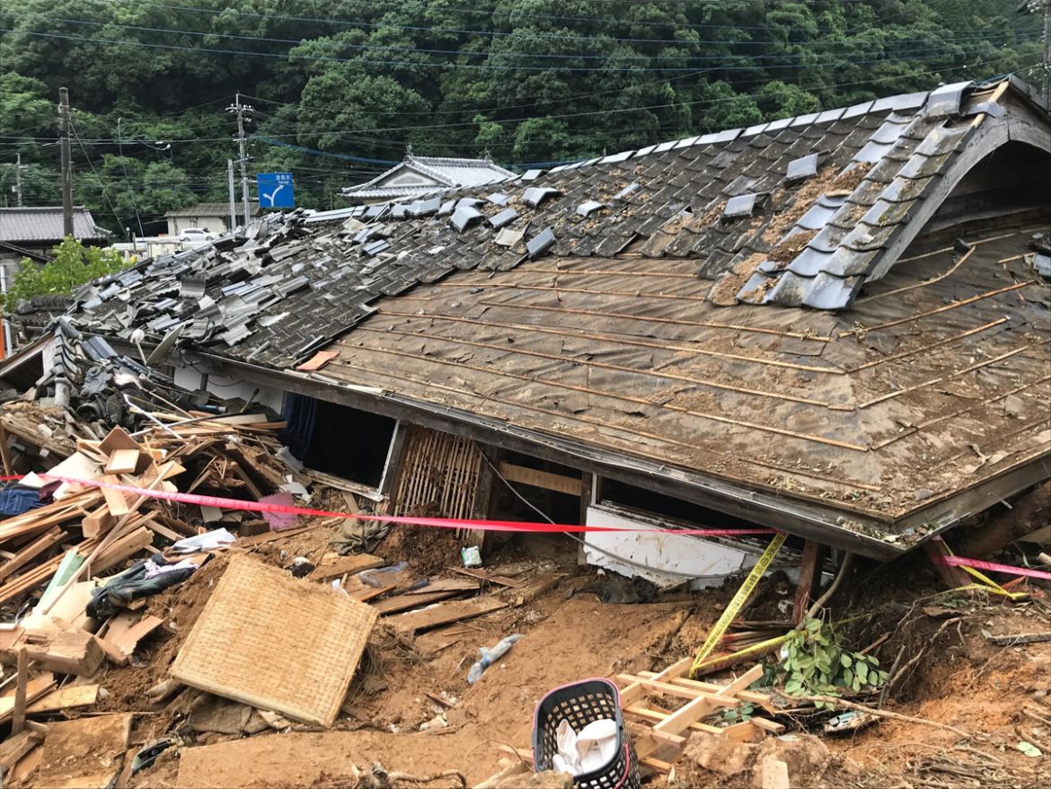 epa08528721 A house is seen destroyed following a landslide in Ashikita, Kumamoto prefecture, southwestern Japan, 05 July 2020. According to latest media reports, more than 30 people are feared to hav