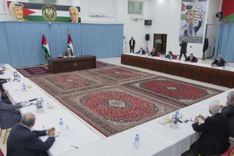 Palestinian President Mahmoud Abbas heads a leadership meeting at his headquarters, in the West Bank city of Ramallah, Thursday, May 7, 2020. (AP Photo/Nasser Nasser, Pool)