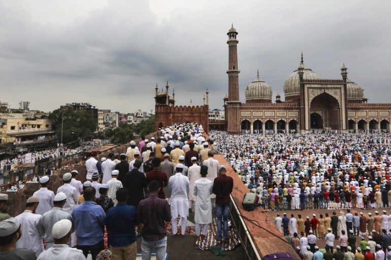 Muslims offer Eid al-Adha prayers at Jama Masjid in New Delhi, India, Monday, Aug. 12, 2019. Muslims around the world celebrate Eid al-Adha, or the Feast of the Sacrifice, by sacrificing animals as an