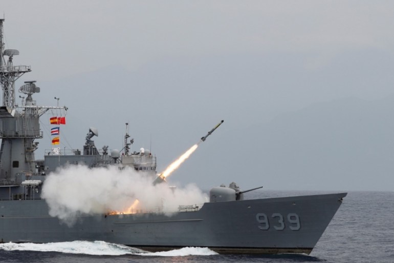An anti-submarine missile blasts off from a frigate during a military drill near Hualien in Taiwan in May 2019 [Tyrone Siu/Reuters]