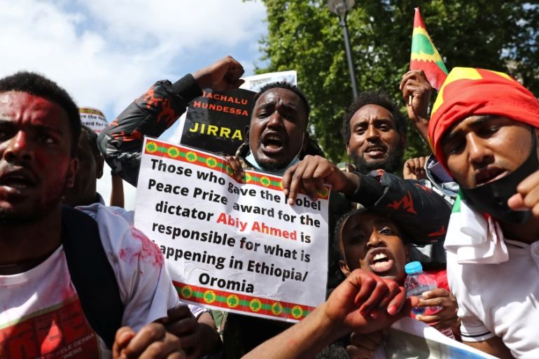 Protest against the treatment of Ethiopia''s ethnic Oromo group, in London