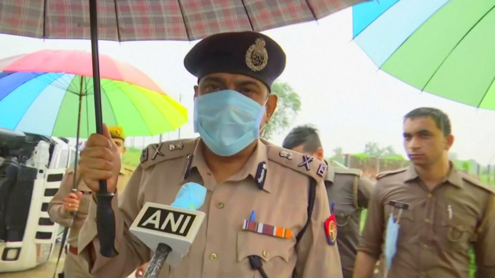 Additional Director General of Police of Kanpur Zone, Jai Narayan Singh, speaks with media following an accident involving a vehicle carrying Vikas Dubey, accused of killing eight policemen, in Kanpur