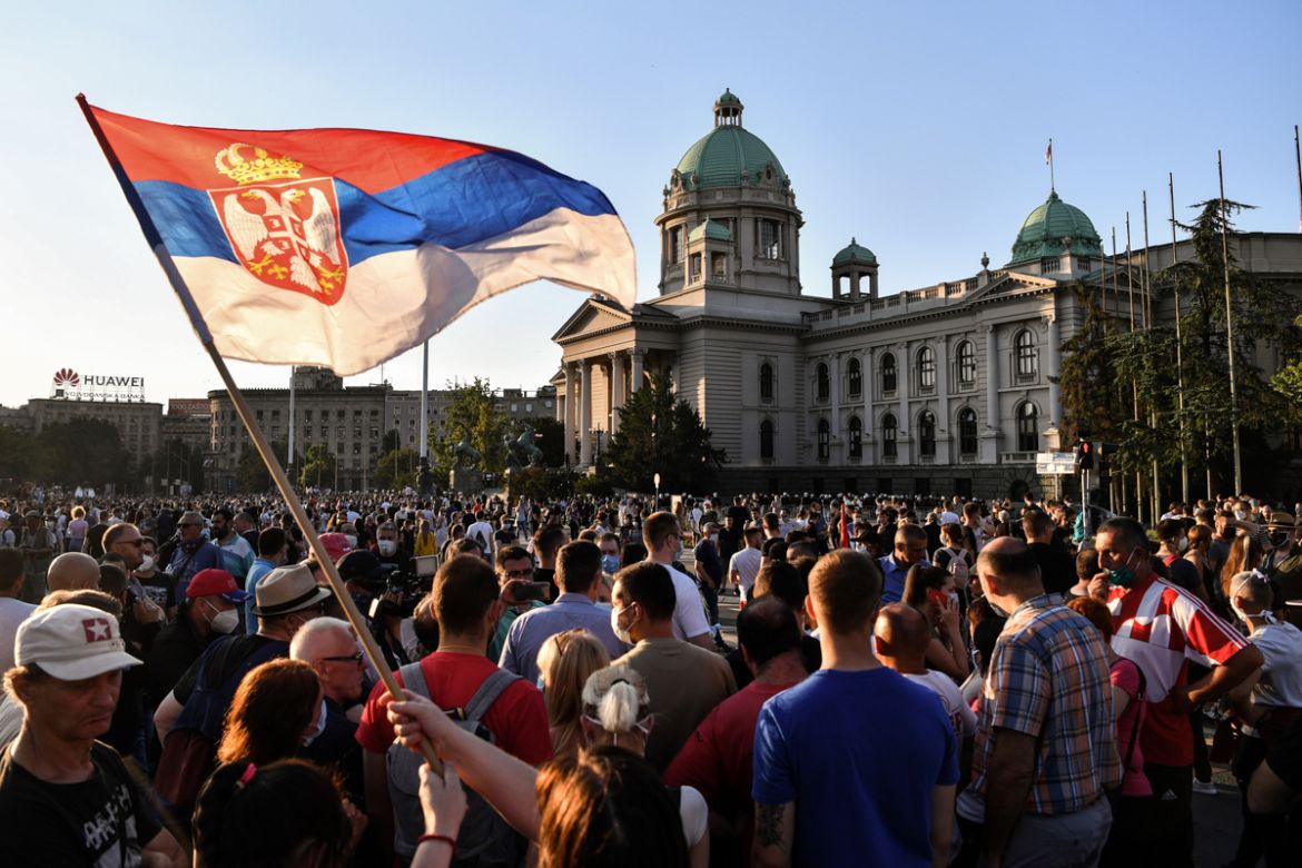 Protesters gather outside Serbia''s National Assembly building in Belgrade on July 8, 2020 against a weekend curfew announced to combat a resurgence of COVID-19 infections despite Serbia''s president sa