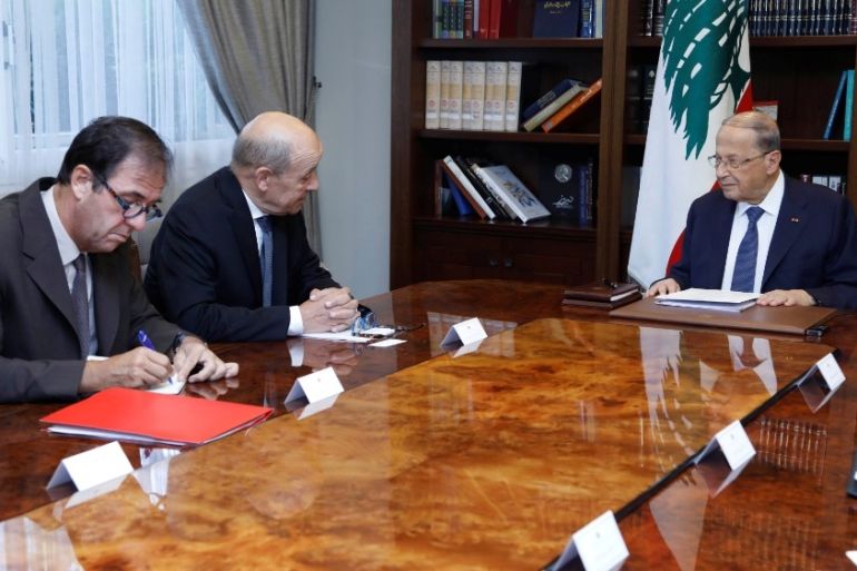French Foreign Affair Minister Jean-Yves Le Drian, meets with Lebanon''s President Michel Aoun at the presidential palace in Baabda