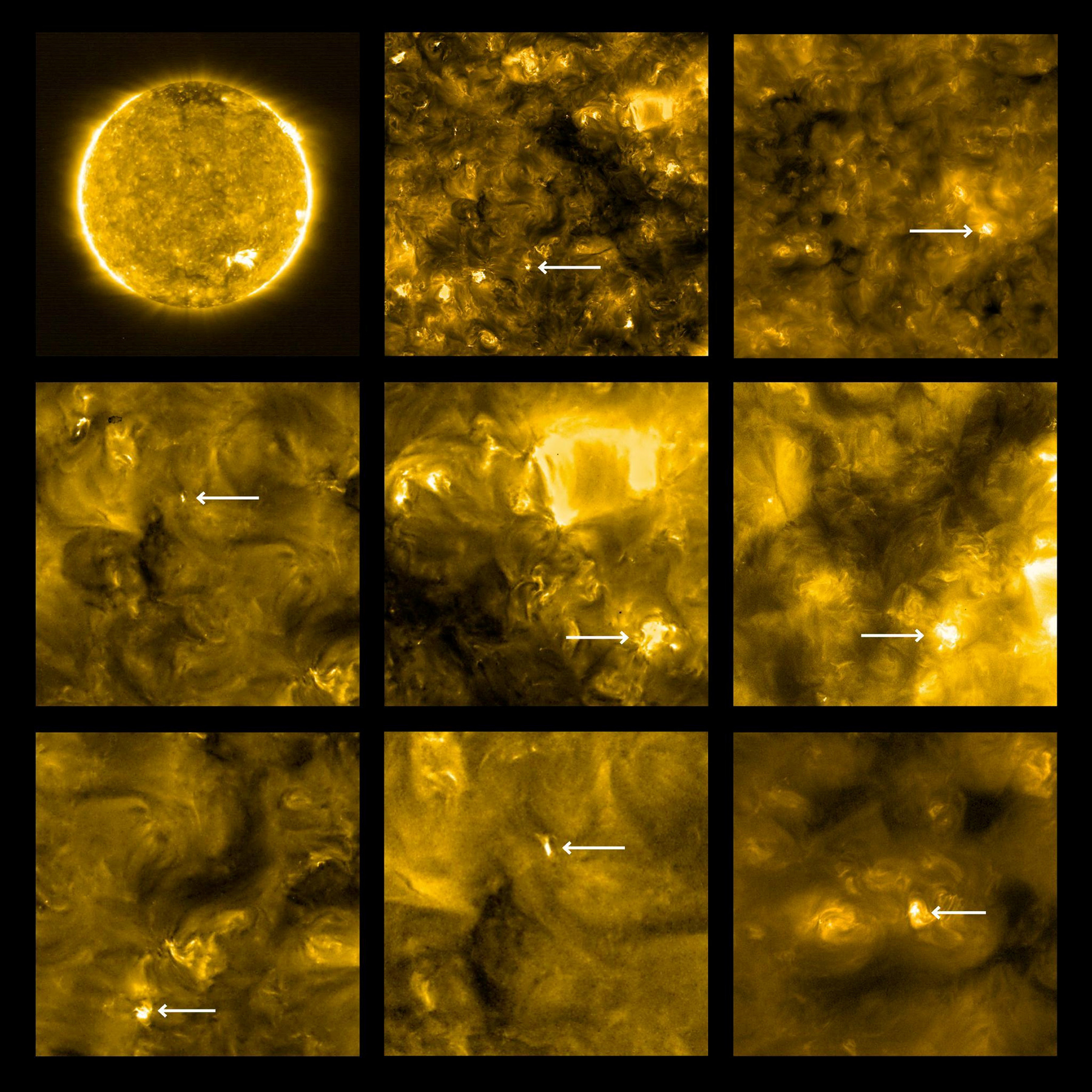 What are called ?campfires?, annotated with white arrows, are seen in a combination the closest images ever obtained of the Sun, made by the Solar Orbiter spacecraft and released by NASA July 16, 2020