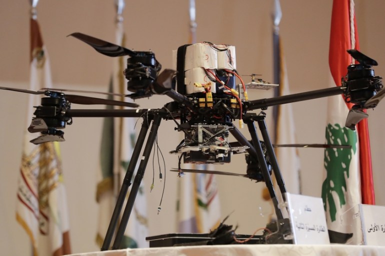 A photo taken on September 19, 2019, shows an alleged Israeli drone that was captured by Lebanese forces after falling in a southern Beirut suburb, displayed on a table during a press conference held