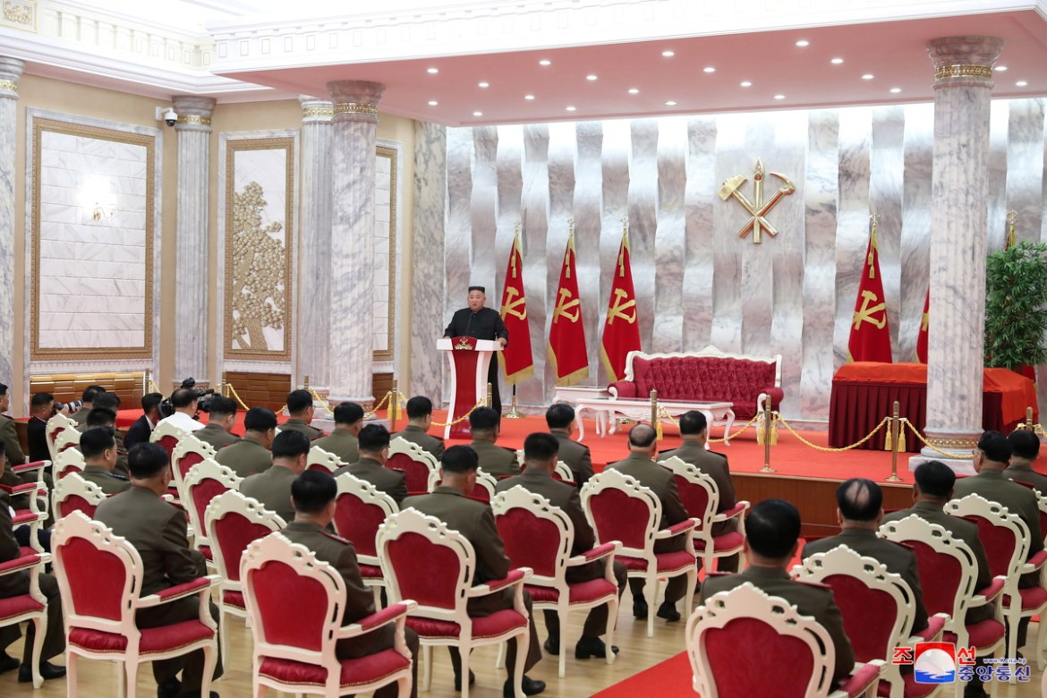 North Korean leader Kim Jong Un speaks at an event to confer "Paektusan" commemorative pistols to leading commanding officers of the armed forces on the 67th anniversary of the "Day of Victory in the