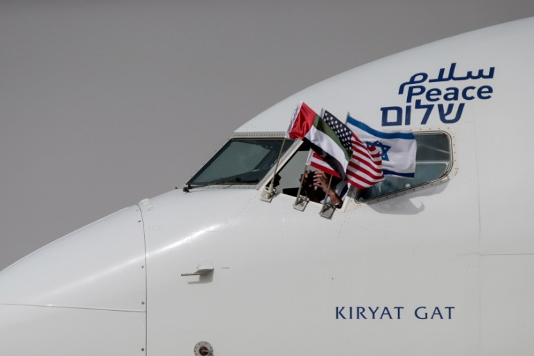 The Israeli flag carrier El Al''s airliner carrying Israeli and U.S. delegates lands at Abu Dhabi International Airport, in Abu Dhabi, United Arab Emirates August 31, 2020. REUTERS/Christopher Pike
