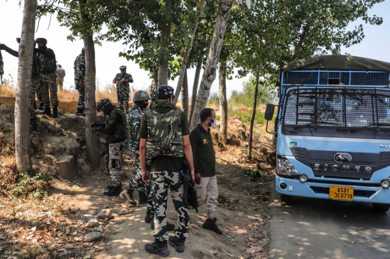 CRPF troopers inspects the Vehicle in which 2 CRPF troopers and 1 SPO was killed in militant attack in Kreeri area in Baramulla Jammu and Kashmir, India on 17 August 2020 (Photo by Nasir Kachroo/NurP