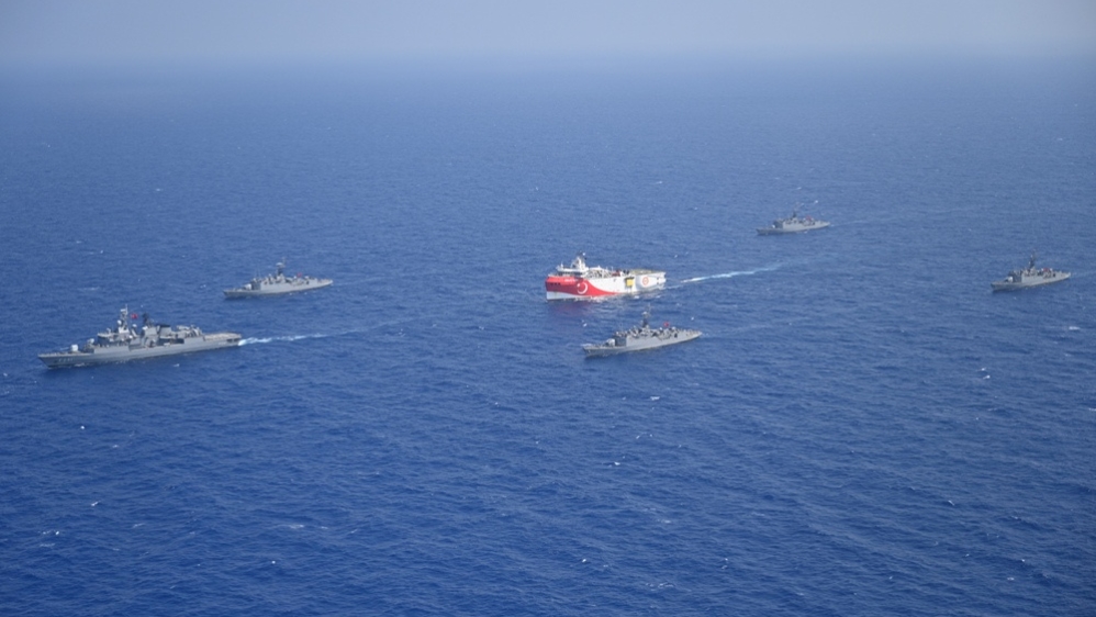 Turkish seismic research vessel Oruc Reis is escorted by Turkish Navy ships as it sets sail in the Mediterranean Sea