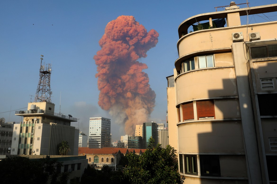 A picture shows the scene of an explosion in Beirut on August 4, 2020. - A large explosion rocked the Lebanese capital Beirut on August 4, an AFP correspondent said. The blast, which rattled entire bu