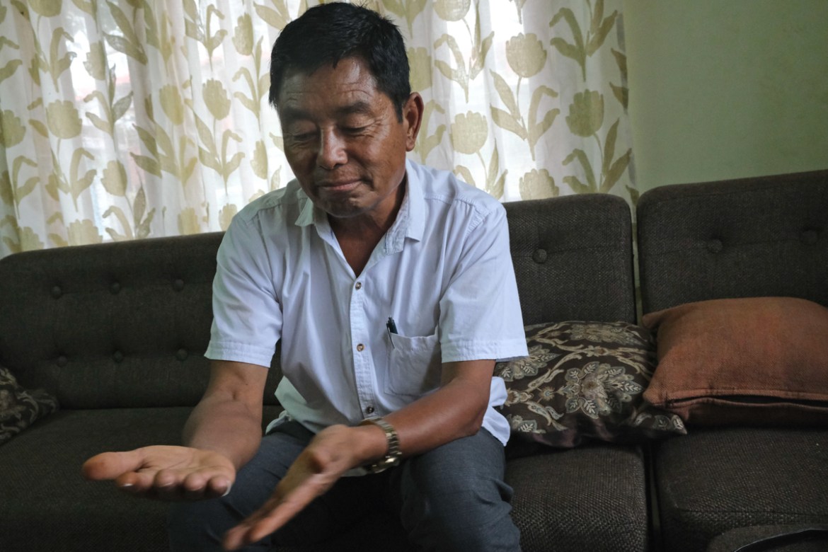 Kekhrieselie Mepfuo, a 55-year-old Angami Naga, recalls the day in Feb. 18, 1976 when a war-time era bomb exploded killing eight of his friends, in Kohima, India, Thursday, Aug. 13, 2020. “I still thi