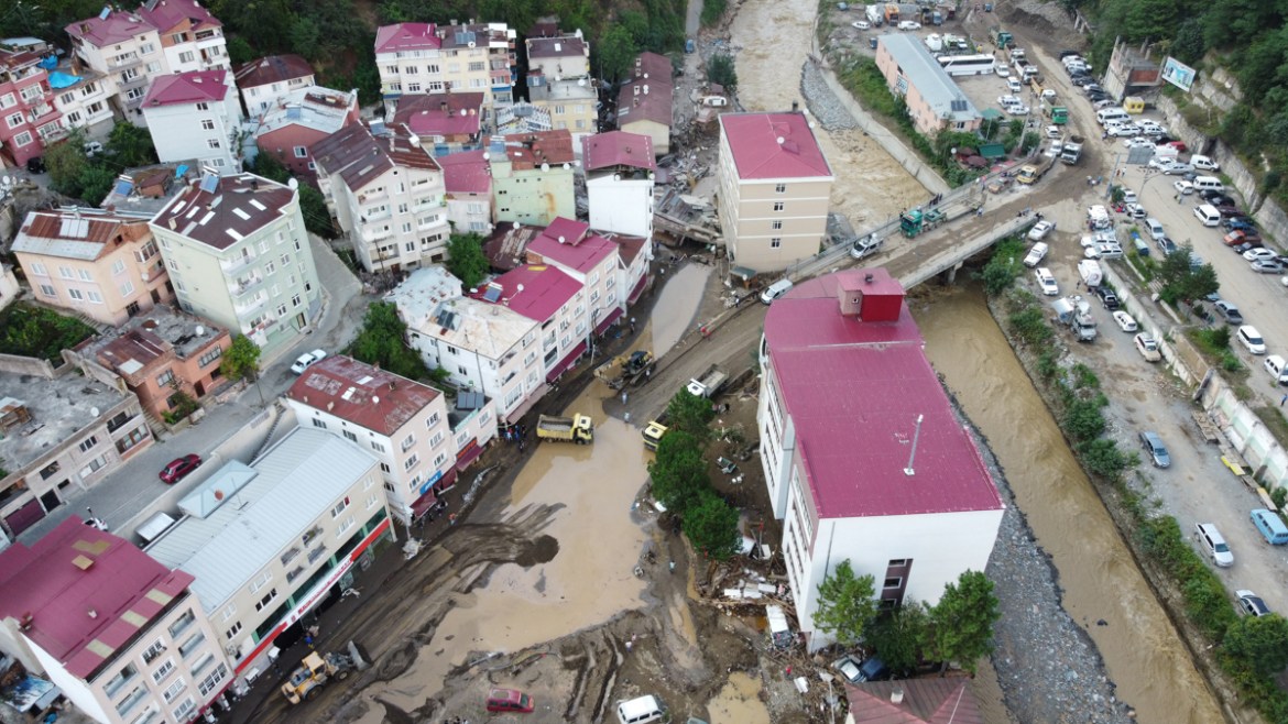 GIRESUN, TURKEY - AUGUST 23: A drone photo shows the flooded workshops, houses and roads in a residential area after heavy rains in Turkey’s Black Sea province of Giresun on August 23, 2020. Giresun-D