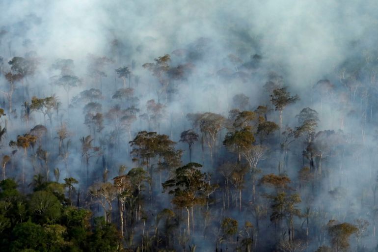 Smoke billows during a fire in an area of the Amazon rainforest near Porto Velho