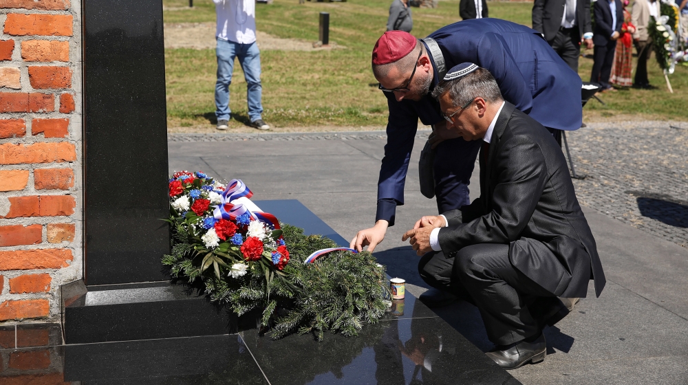 German, Jewish and Roma delegations lay wreaths during a ceremony commemorating the Roma Holocaust Memorial Day in the former Nazi-German extermination camp Auschwitz II-Birkenau in Brzezinka, Poland,