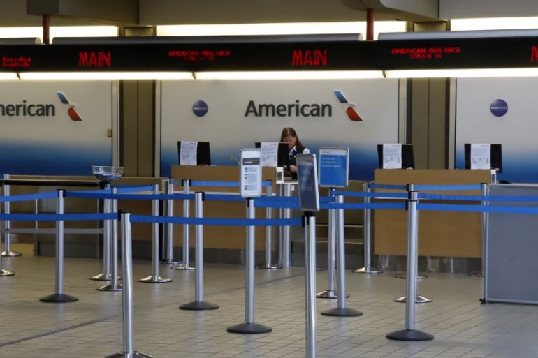 This is an American Airline ticket counter at Greater Pittsburgh International Airport on Thursday, May 7, 2020. (AP Photo/Gene J. Puskar)