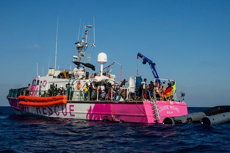 The Louise Michel rescue vessel with people rescued on board, including pregnant women and children, and 1 dead body, after 2 rescue operations on the high seas in the past days, 70 miles south west M
