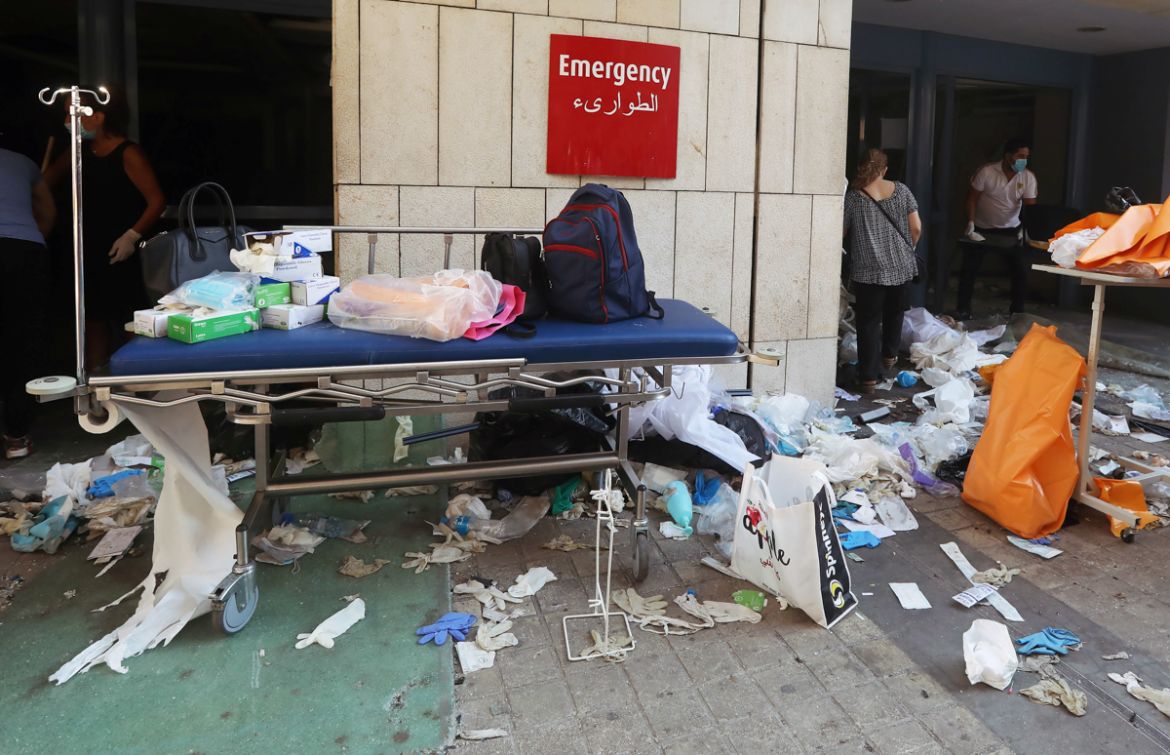 Protective gloves are scattered on the ground at a damaged hospital following Tuesday''s blast in Beirut, Lebanon August 5, 2020. REUTERS/Mohamed Azakir