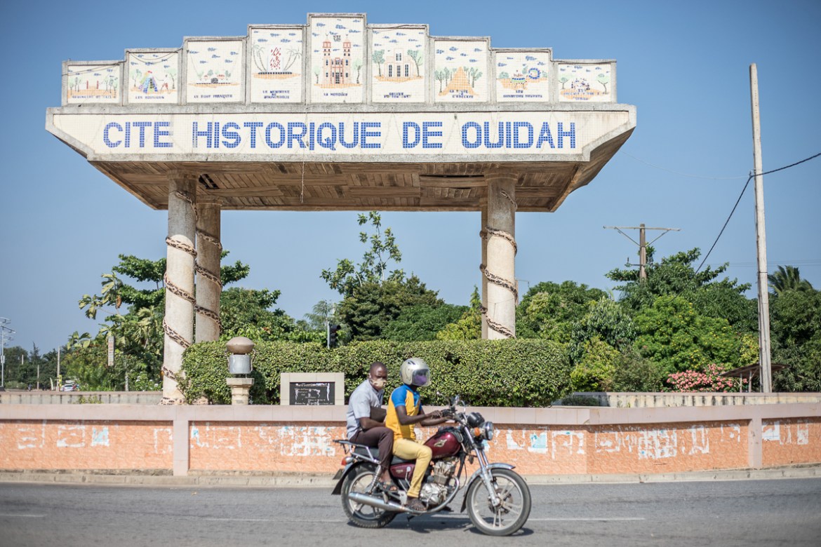 A general view of the entrance to the city of Ouidah on August 4, 2020. - As western cities see statues of slaveholders and colonialists toppled, Benin''s coastal town of Ouidah is restoring its own mo