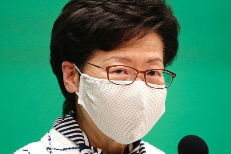 Hong Kong Chief Executive Carrie Lam, speaks during a news conference over global outbreak of the coronavirus disease (COVID-19) in Hong Kong