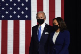 Democratic presidential nominee and former US Vice President Joe Biden (L) and vice presidential running mate, US Senator Kamala Harris, arrive to conduct their first press conference together in Wilm
