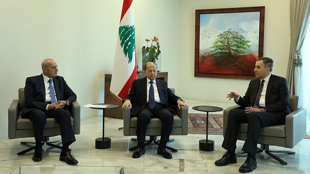 Designated Prime Minister Mustapha Adib, meets with Lebanon's President Michel Aoun and Lebanese Speaker of the Parliament Nabih Berri at the presidential palace in Baabda, Lebanon August 31, 2020. RE