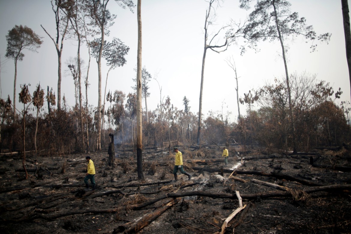 Brazilian Institute for the Environment and Renewable Natural Resources (IBAMA) fire brigade members walk in a burned area as they try to control hot points in a tract of the Amazon jungle near Apui,