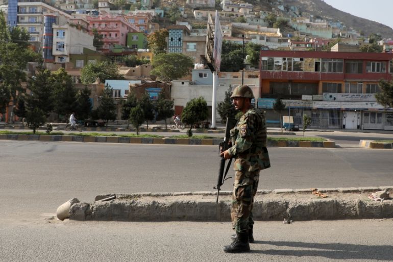 An Afghan National Army (ANA) soldier keeps watch at the area where the Loya Jirga holding in Kabul, Afghanistan