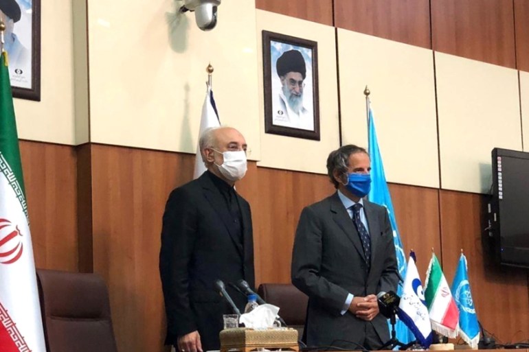 Head of Iran''s Atomic Energy Organization Ali-Akbar Salehi and International Atomic Energy Agency (IAEA) Director General Rafael Grossi, attend a press conference in Tehran, Iran August 25, 2020. WANA