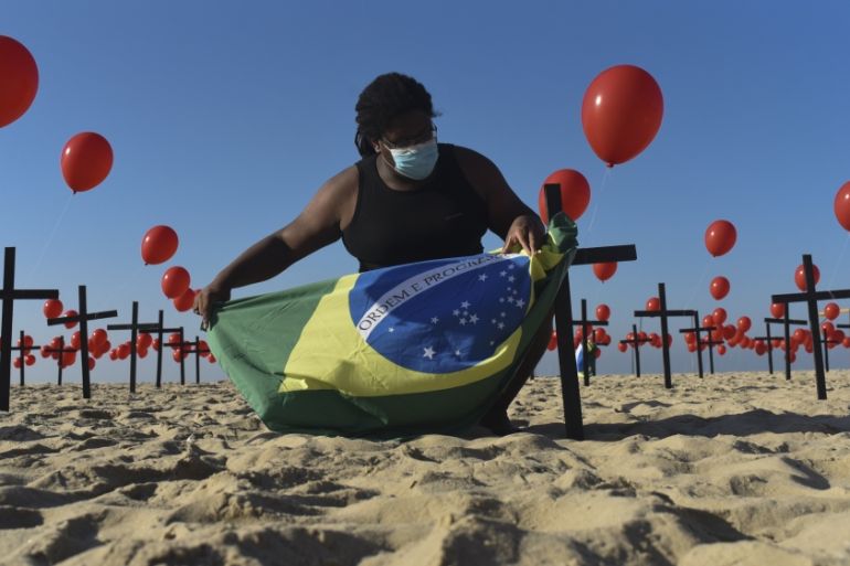 Red balloons released at Copacabana beach as a tribute to the 100,000 Brazilians killed due to Covid-19