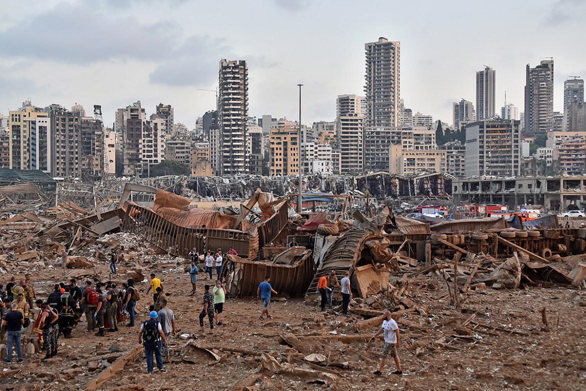 A picture shows the scene of an explosion near the the port in the Lebanese capital Beirut on August 4, 2020. Two huge explosion rocked the Lebanese capital Beirut, wounding dozens of people, shaking