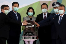 Taiwan President Tsai Ing-wen attends an inauguration ceremony of a maintenance centre for F-16 fighter jets, in Taichung