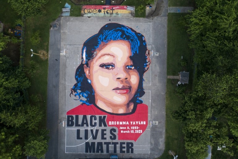 An image made with a drone shows a mural of Breonna Taylor, who was killed in her own apartment by Louisville, Kentucky police officers, on two basketball courts in Annapolis, Maryland, USA, 08 July 2