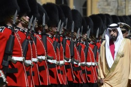 United Arab Emirates President Sheikh Khalifa bin Zayed al-Nahayan reviews an honour guard during a ceremonial welcome at Windsor Castle