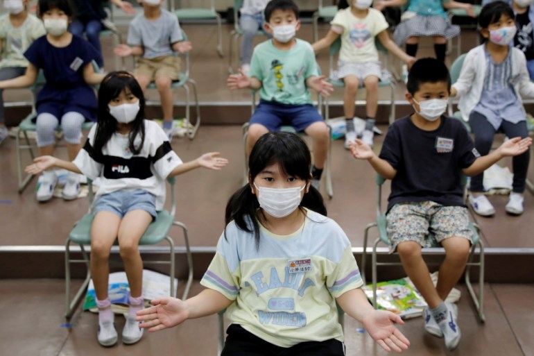 Social distance in order to prevent the coronavirus disease (COVID-19) infection at Takanedai Daisan elementary school in Funabashi