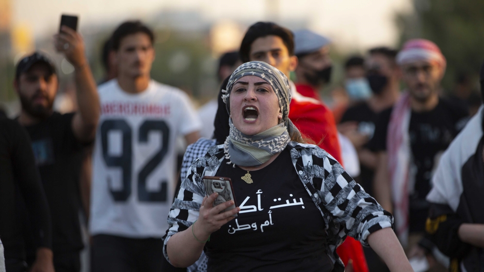 An Iraqi anti-government protester chants during a demonstration in the southern Iraqi city of Basra, on June 13, 2020.