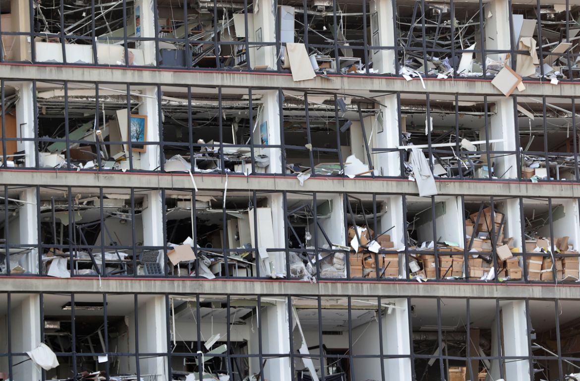 A damaged facade is seen following yesterday''s blast at the port of Lebanon''s capital Beirut, on August 5, 2020. - Rescuers worked through the night after two enormous explosions ripped through Beirut