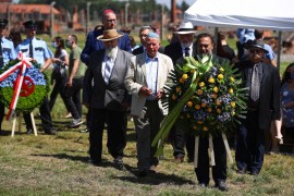 German, Jewish and Roma delegations attend a ceremony commemorating the Roma Holocaust Memorial Day in the former Nazi-German extermination camp Auschwitz II-Birkenau in Brzezinka, Poland, 02 August 2