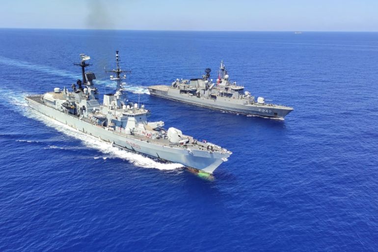 Italian destroyer ITS Durand De La Penne, left, along with Turkish frigates TCG Goksu and TCG Fatih conduct maritime trainings in the Eastern Mediterranean Tuesday, Aug. 25, 2020, to improve coordinat