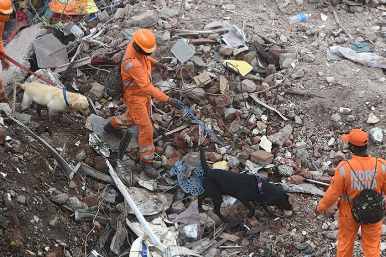 Rescue workers along with sniffer dogs search for survivors in the rubble of a collapsed five-storey apartment building in Mahad on August 25, 2020. - Rescue teams and sniffer dogs combed through rubb