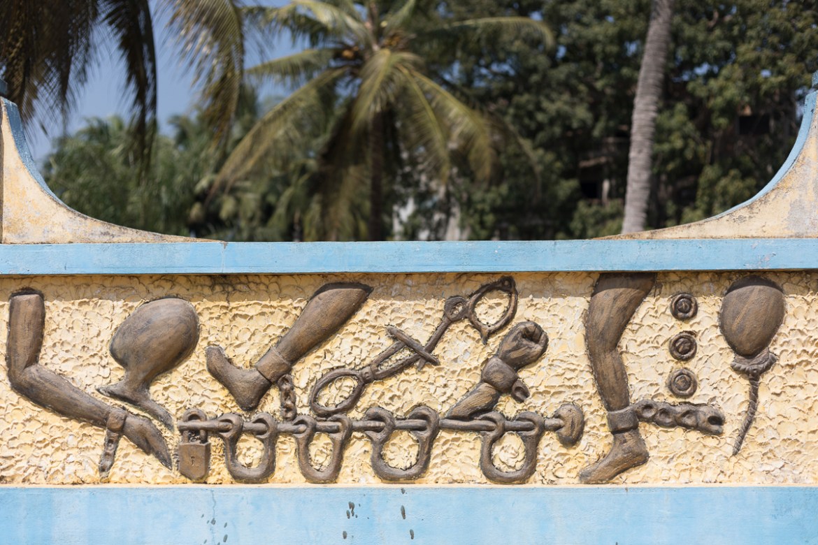 A general view of details on a wall at the Zomachi memorial in Ouidah on August 4, 2020. - As western cities see statues of slaveholders and colonialists toppled, Benin''s coastal town of Ouidah is res
