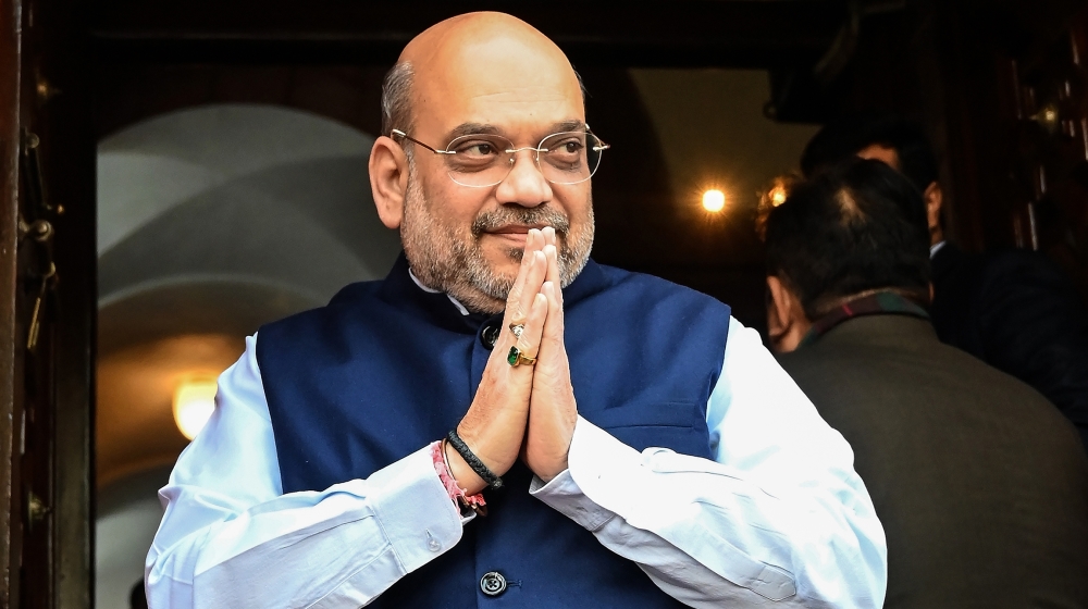 In this file photo taken on February 1, 2020, India's Home Minister Amit Shah gestures as he arrives at the Parliament House in New Delhi. India’s powerful Home Minister Amit Shah -- Prime Minister Na