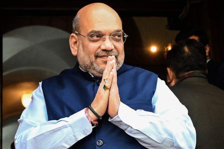 In this file photo taken on February 1, 2020, India''s Home Minister Amit Shah gestures as he arrives at the Parliament House in New Delhi. India’s powerful Home Minister Amit Shah -- Prime Minister Na