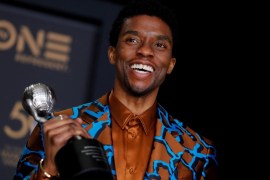Chadwick Boseman poses backstage with his Outstanding Actor in a Motion Picture award for Black Panther
