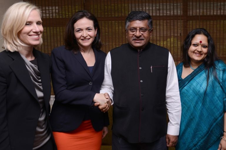 Communication and Information and Technology Minister Ravi Shankar Prasad shakes hands with COO, Facebook Sheryl Sandberg, during a meeting in New Delhi on Thursday. Facebook''s Global Public Policy Vi