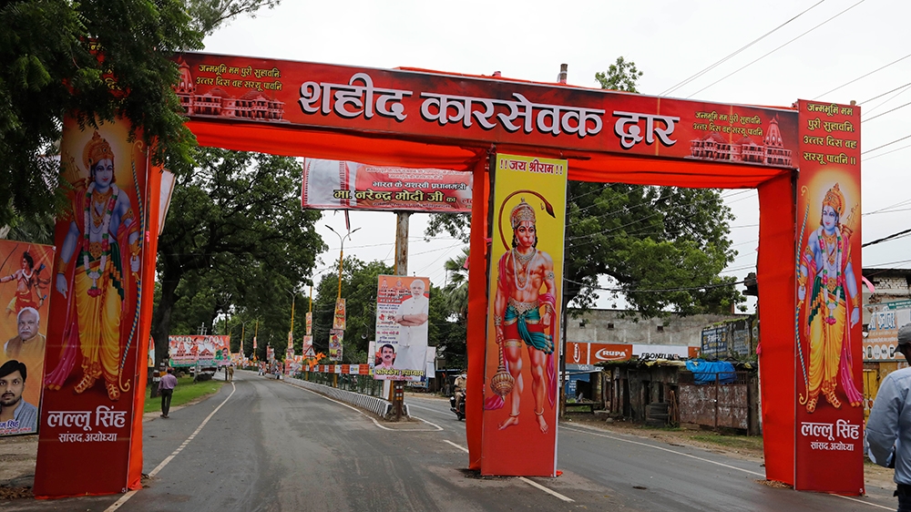 A street is decorated as part of preparations for a groundbreaking ceremony of a temple dedicated to the Hindu god Ram in Ayodhya, India, Wednesday, Aug. 5, 2020. The coronavirus is restricting a larg